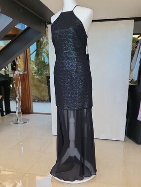 Halston Heritage Black Sequin Halter Maxi Dress with Sheer Skirt